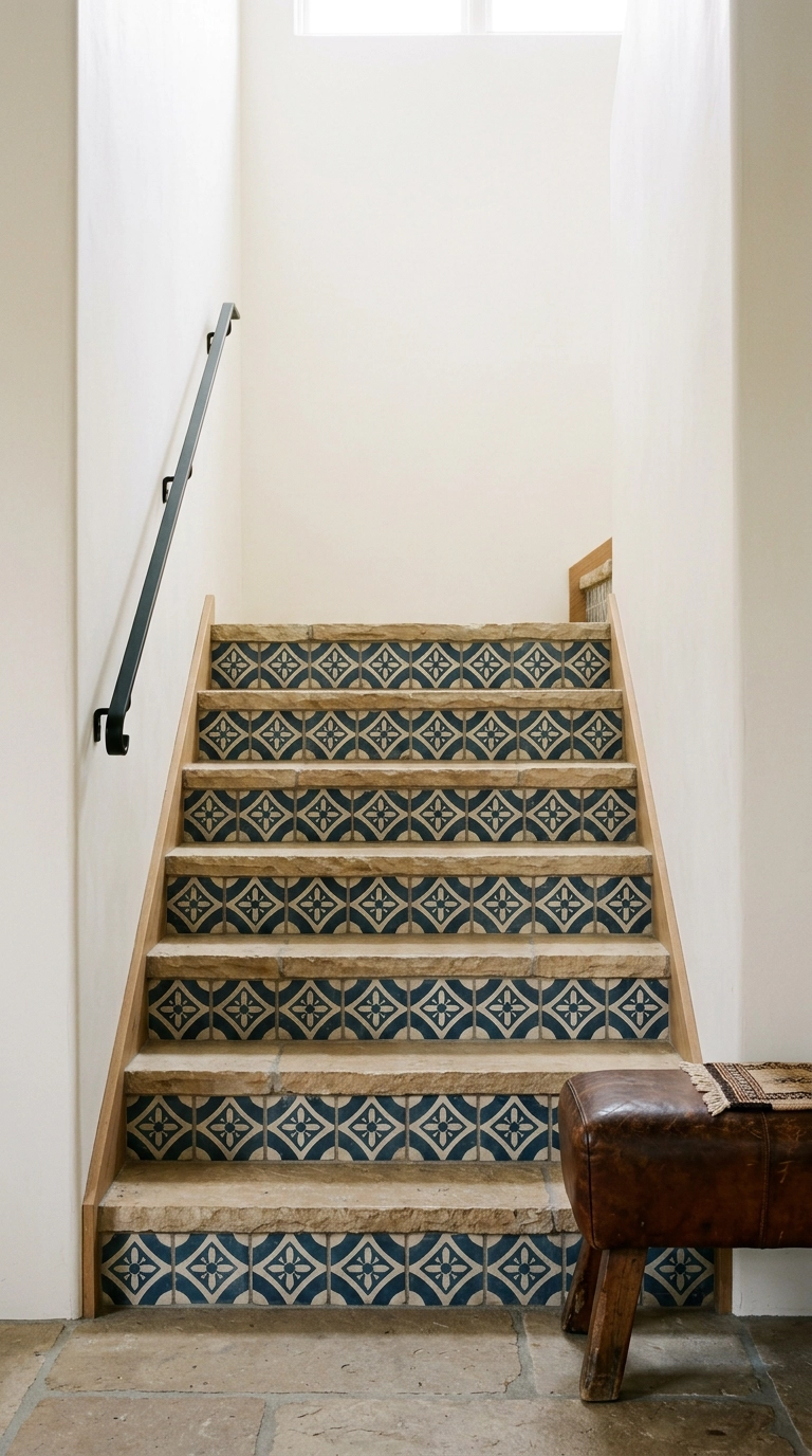 Navy and bone cement encaustic tile set into stair risers with limestone treads