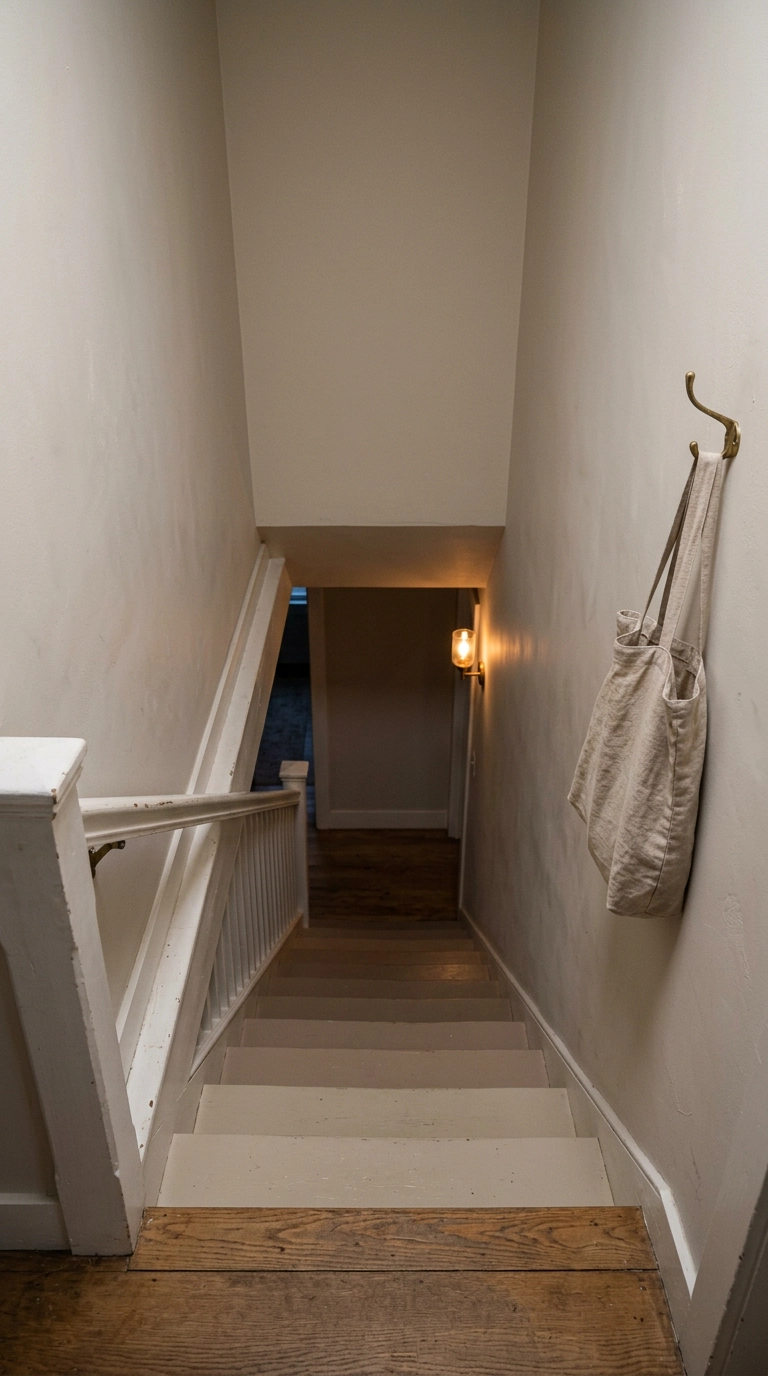 Subtle tonal gradient stair risers shifting from mushroom taupe to warm greige