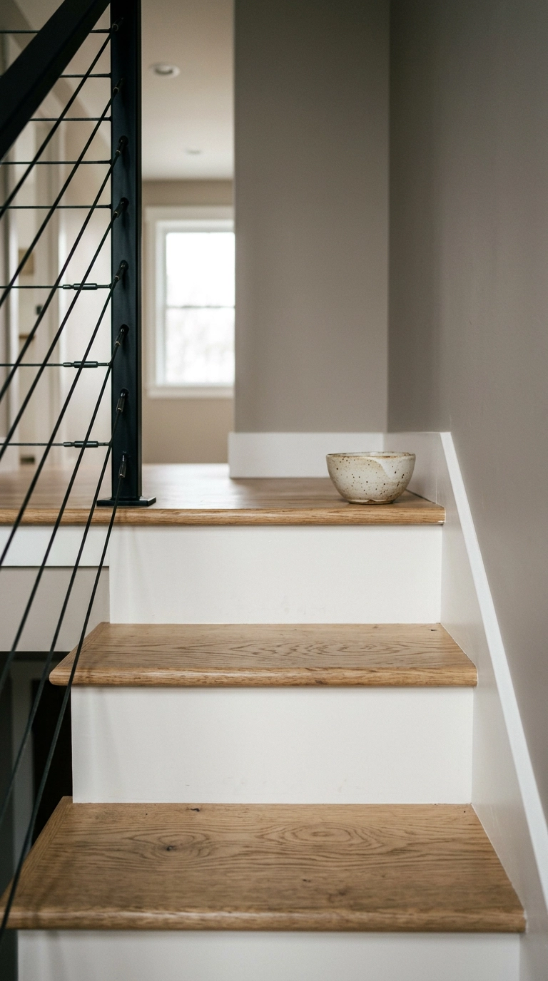 Bone-white stair risers paired with natural white oak treads in a farmhouse stairwell