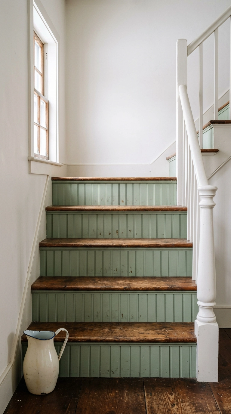 Stair risers clad in sage green beadboard paneling with worn pine treads