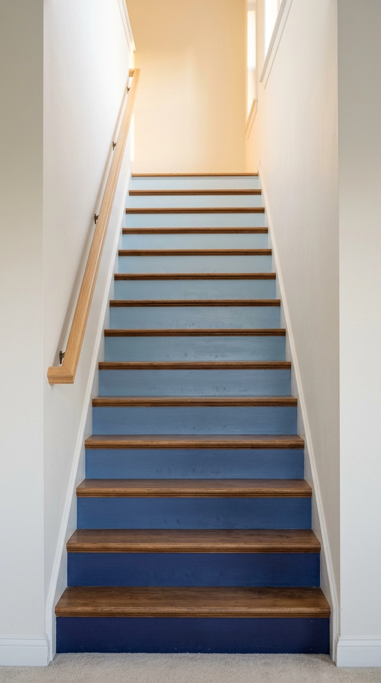 Ombre gradient stair risers fading from deep indigo at the bottom to pale blue at the top