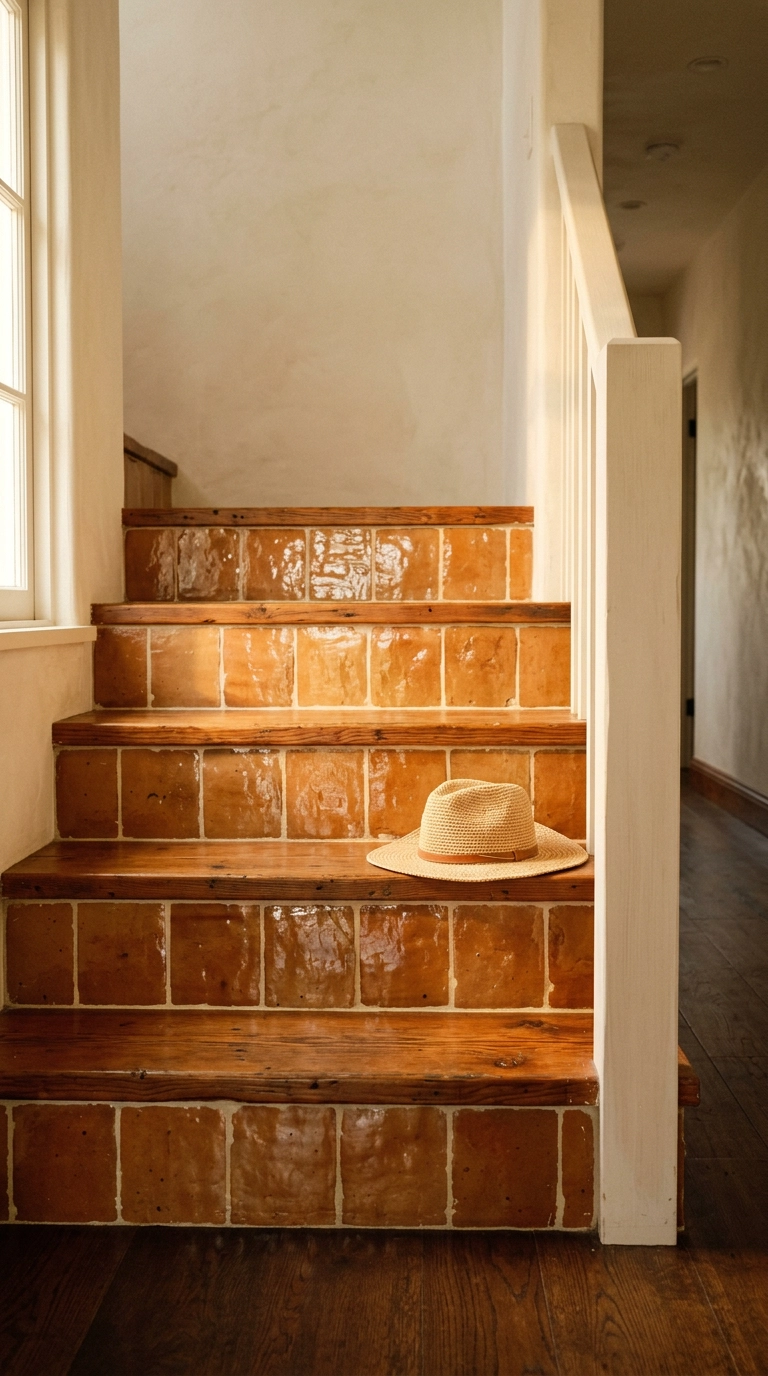 Glossy terracotta zellige-look tile on stair risers with reclaimed fir treads