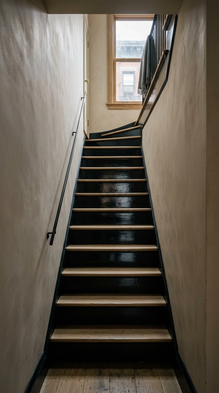 Glossy black stair risers contrasting with pale oak treads in a townhouse stairwell