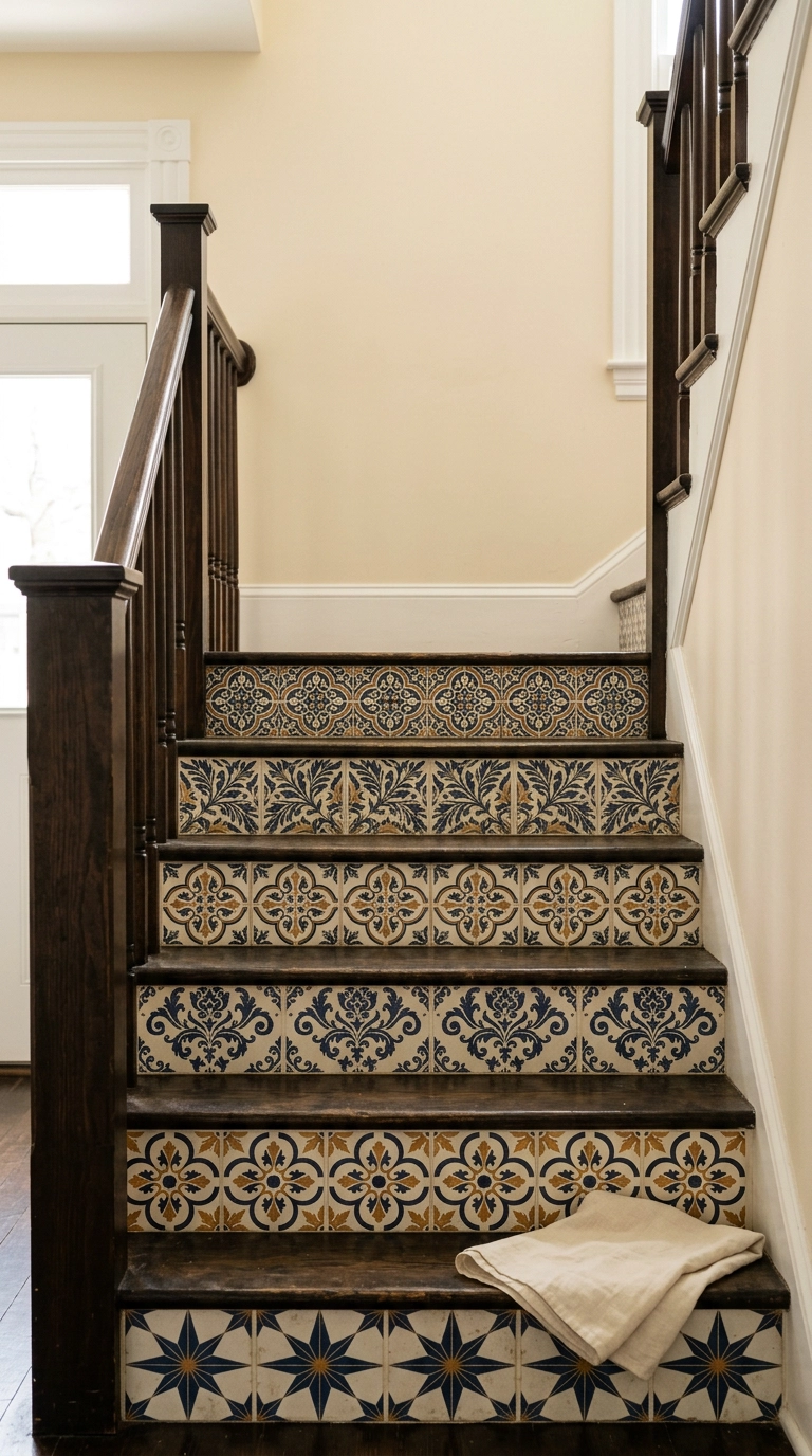 Six stair risers each with a different tile pattern unified by a navy ochre and cream palette