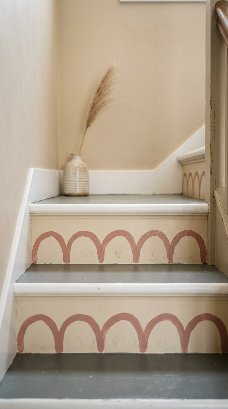 Stair risers painted with a repeating dusty rose scalloped arch motif on cream