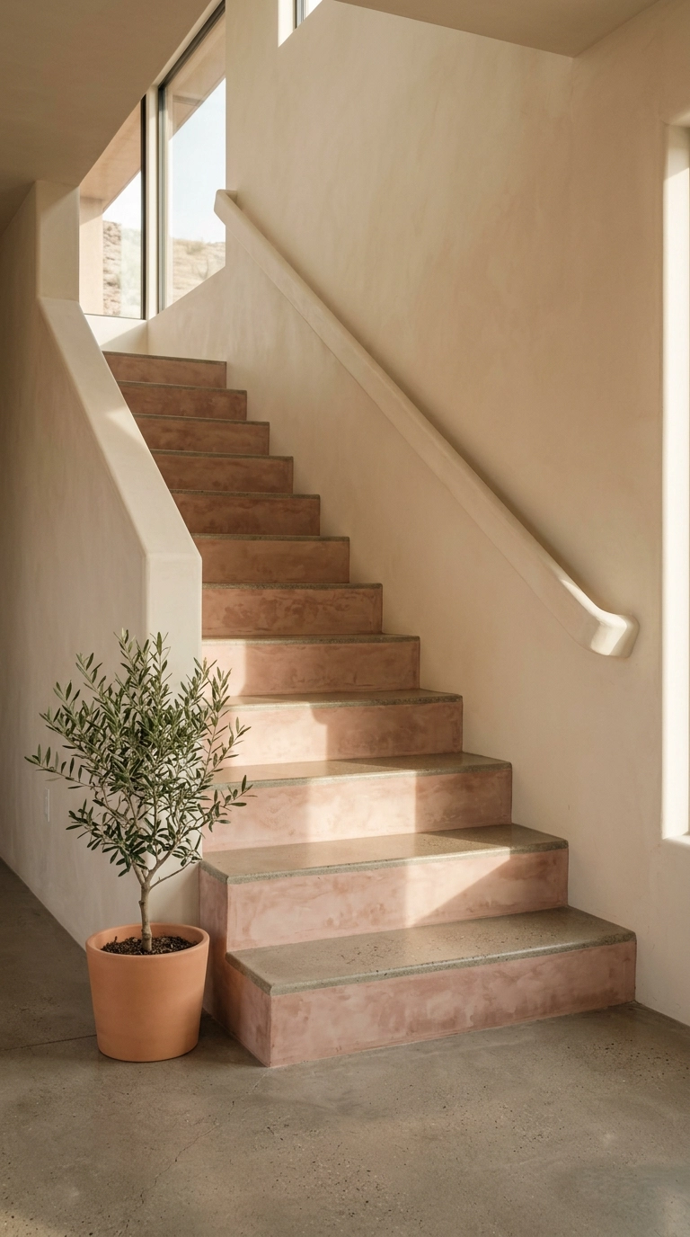 Stair risers finished in chalky mottled clay pink limewash beside polished concrete treads