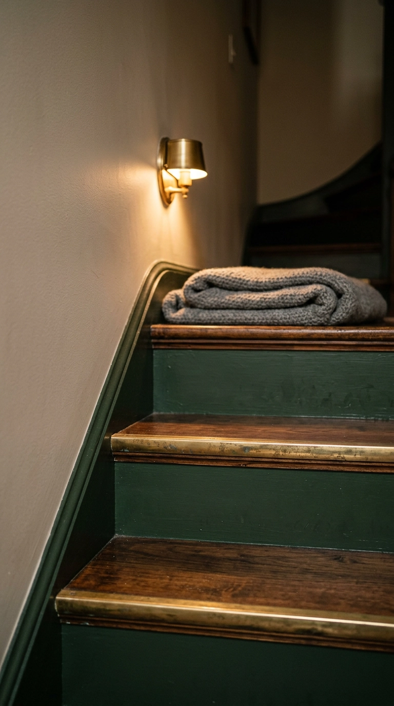 Deep hunter green stair risers finished with a slim brass strip along the top edge