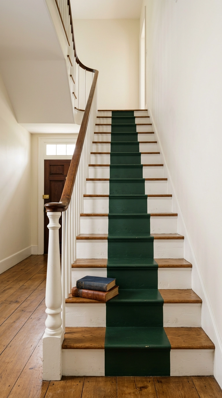 Painted forest green faux runner stripe running down the center of white stair risers and treads