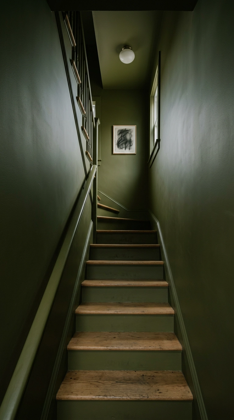 Narrow stairwell color-drenched in deep olive green including every stair riser