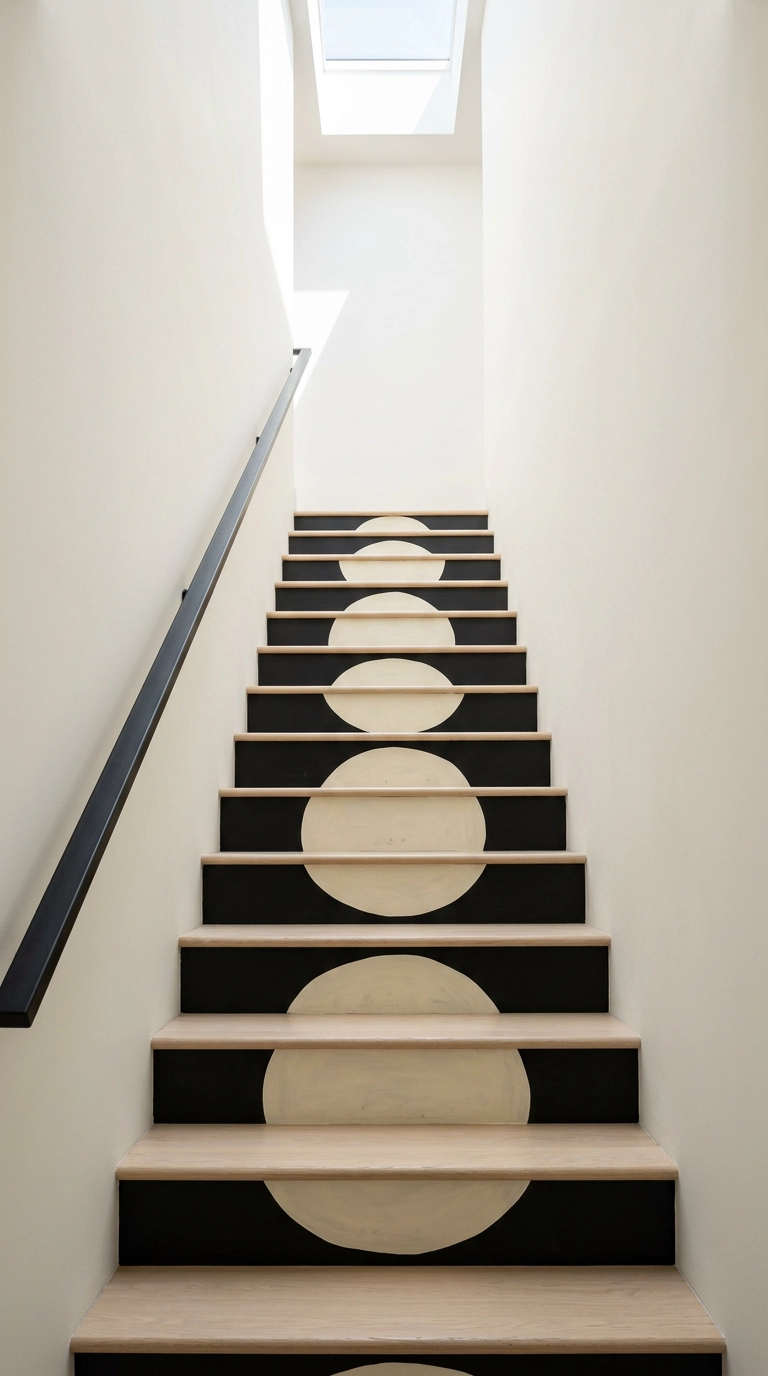 Black stair risers each painted with one large cream circle shifting position up the flight