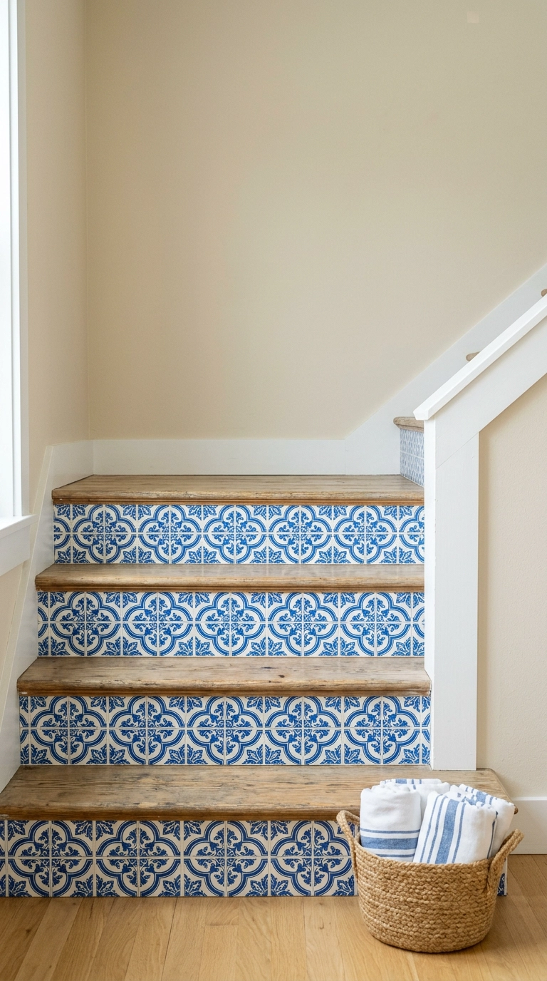 Blue and white Portuguese azulejo pattern decals on stair risers with pine treads