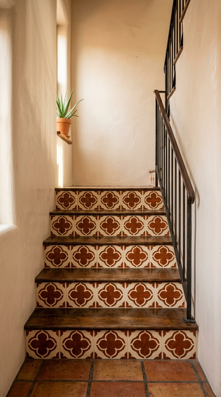 Stair risers stenciled with a burnt sienna Moroccan quatrefoil motif on cream