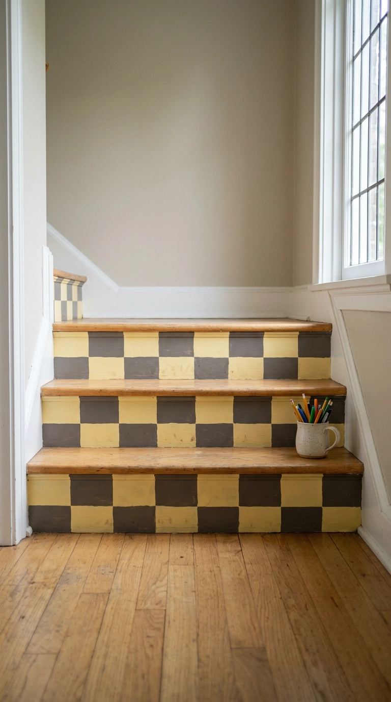 Butter yellow and charcoal checkerboard painted on stair risers in a tudor entry