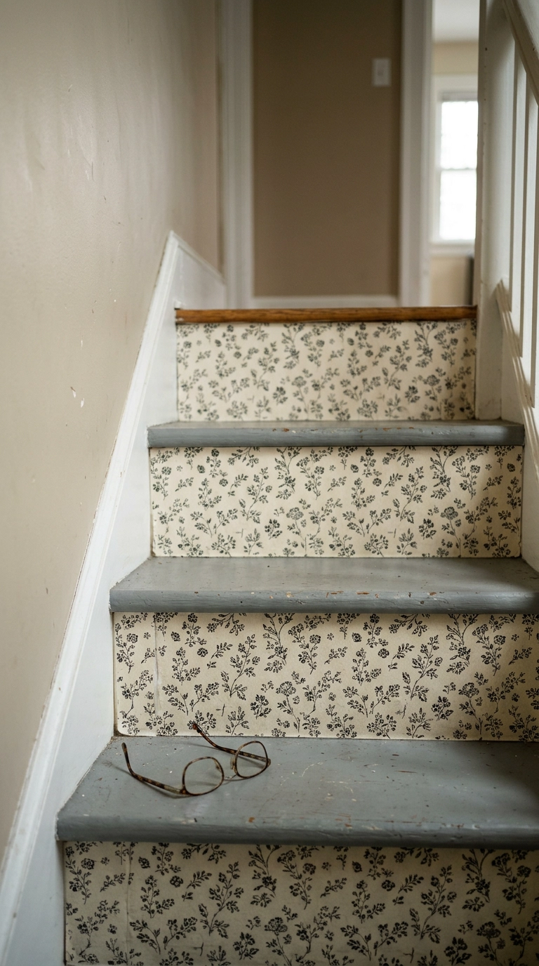 Stair risers wrapped in black and cream block-print removable wallpaper in an apartment