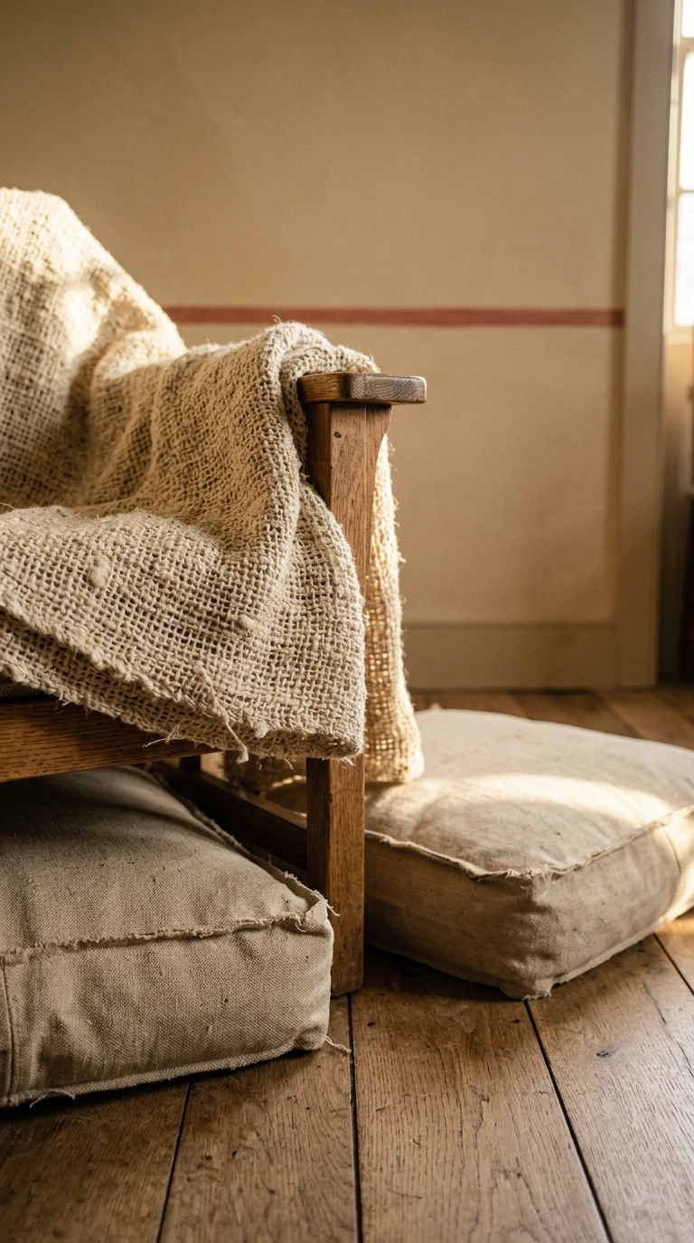 Coarse undyed hemp throw over an oak chair arm with a canvas floor cushion in late light