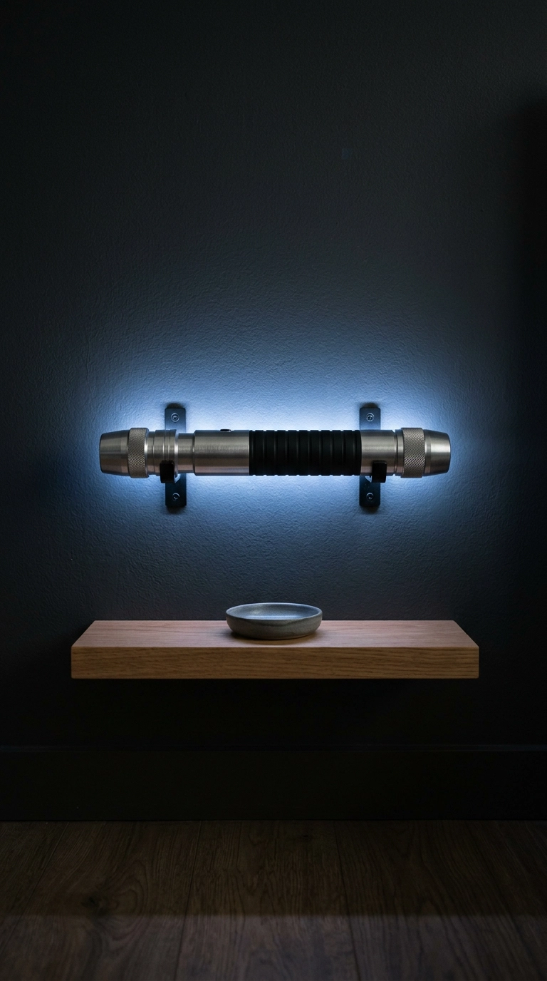 Brushed silver ribbed cylindrical hilt wall-mounted with a soft blue LED glow behind it