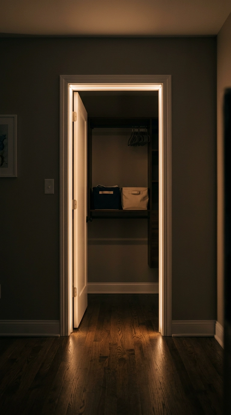 Closet doorway outlined with a thin warm LED strip glowing amber against greige walls