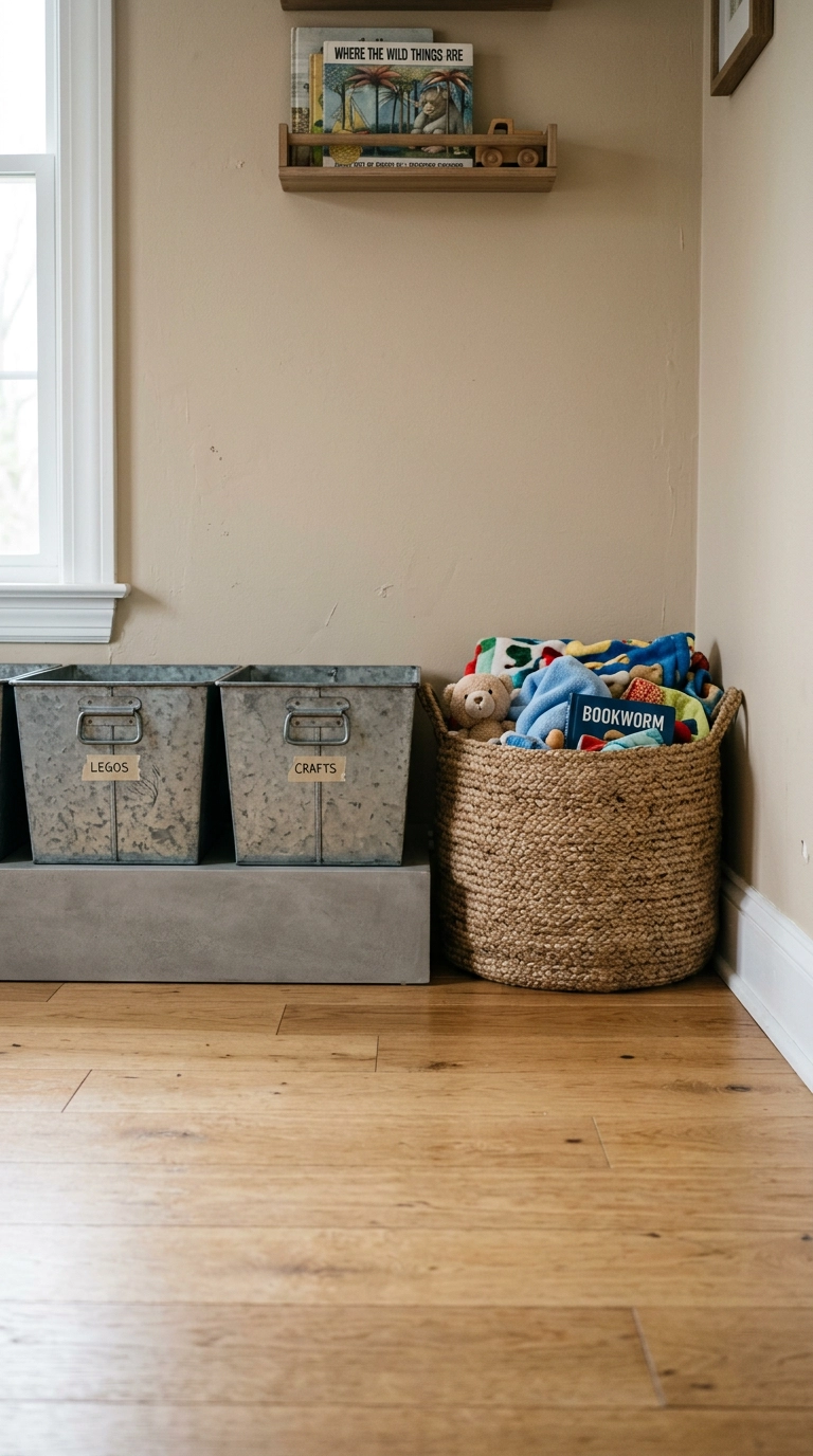 Two galvanized steel storage bins on a concrete-look plinth beside a jute basket