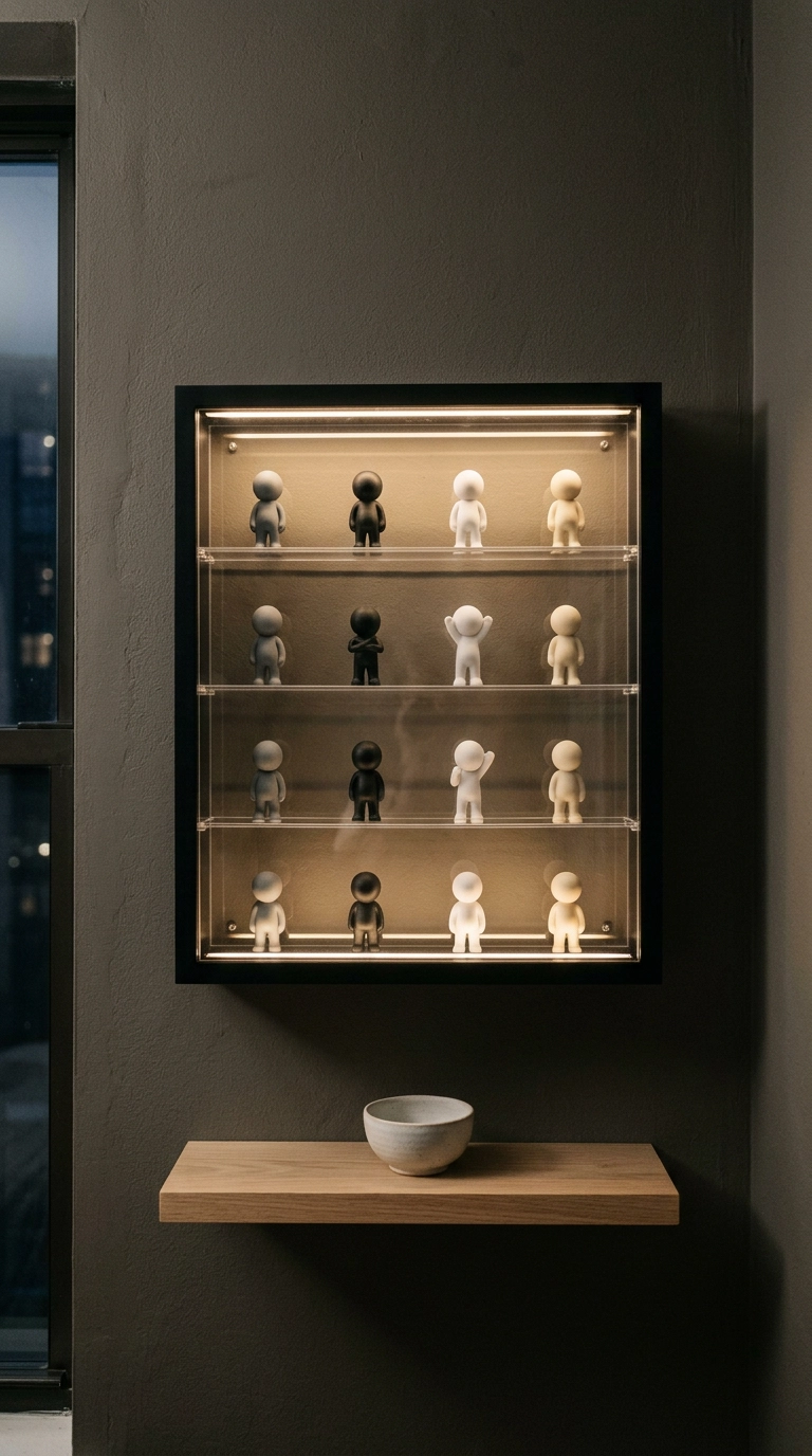 Wall-mounted acrylic display case with warm LED lighting holding rows of small figures
