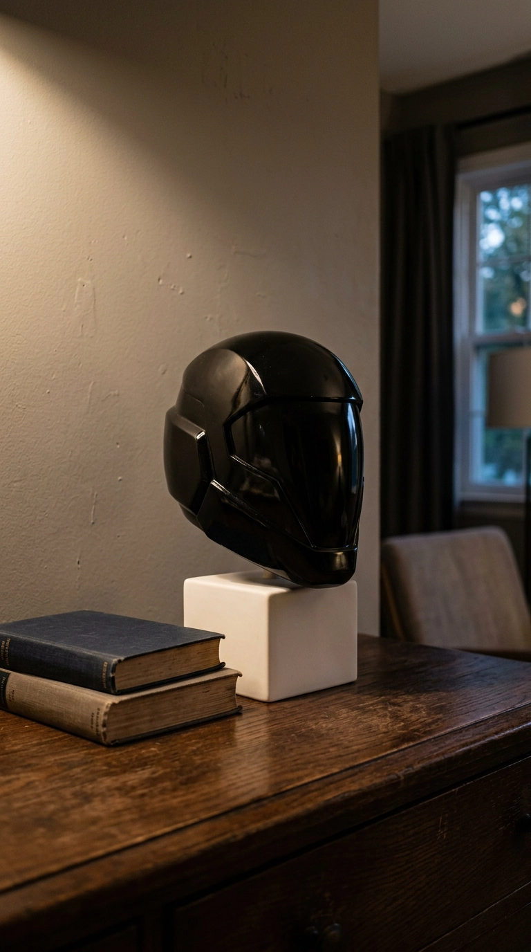 Glossy black angular helmet form on a white plinth beside two books on a dark oak dresser