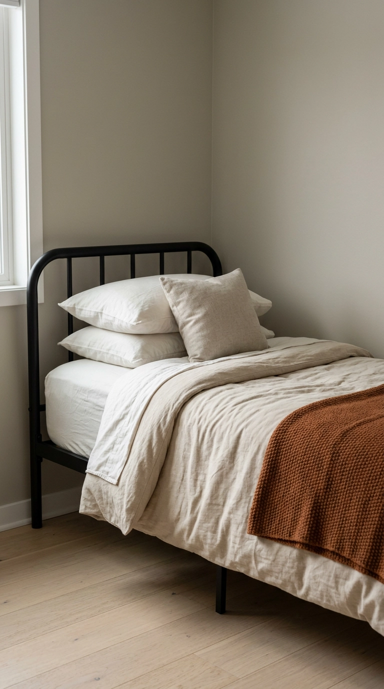 Sand canvas and bone-white bedding with a folded rust throw on a black metal bed frame