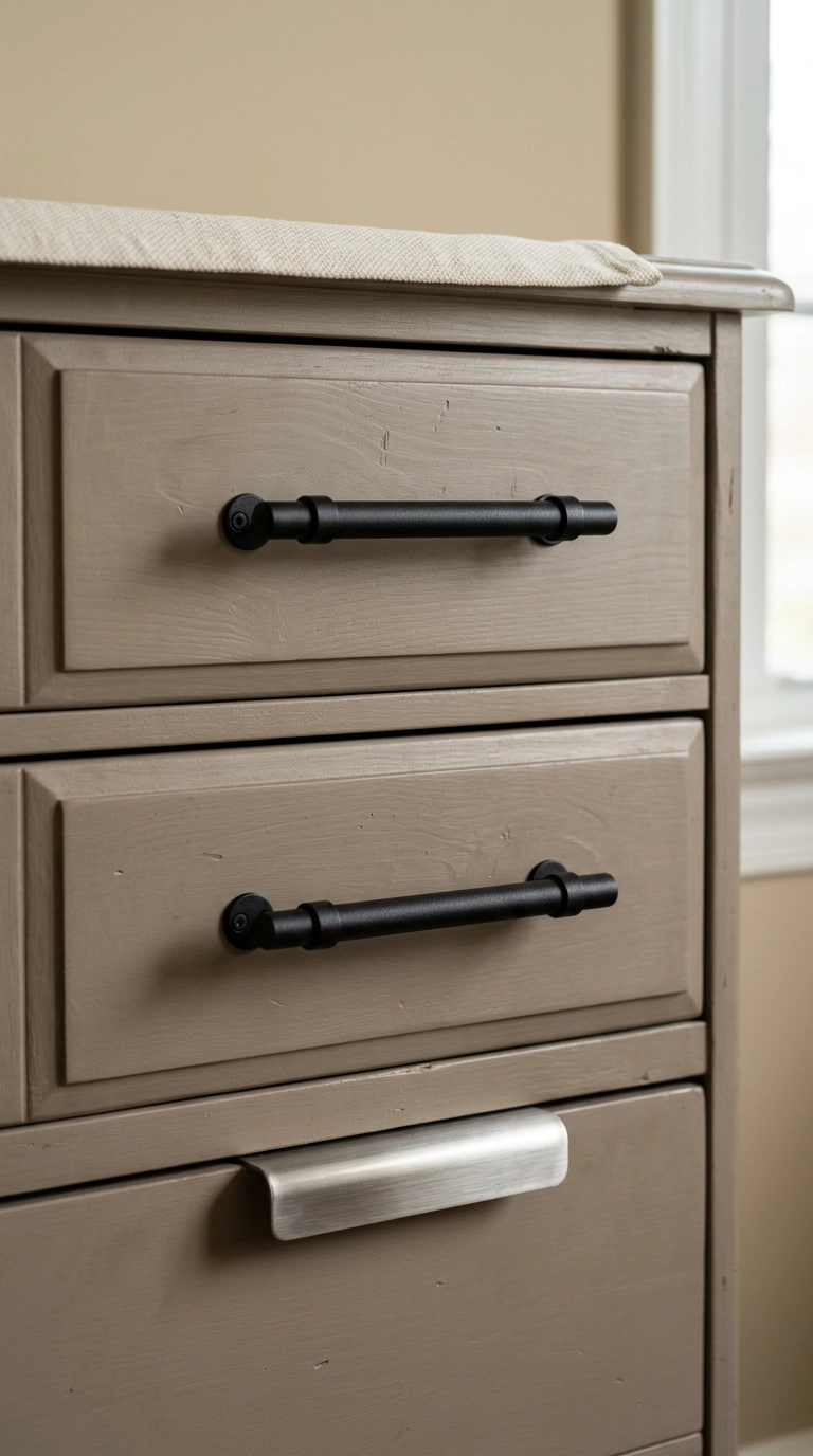 Matte black bar pulls and one brushed steel edge pull on greige painted dresser drawers