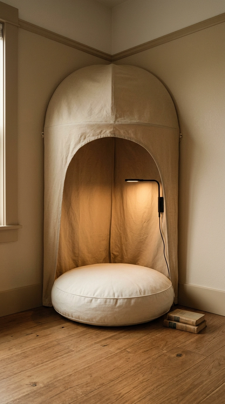 Corner reading nook with a curved sand canvas canopy, round cushion, and small warm reading light