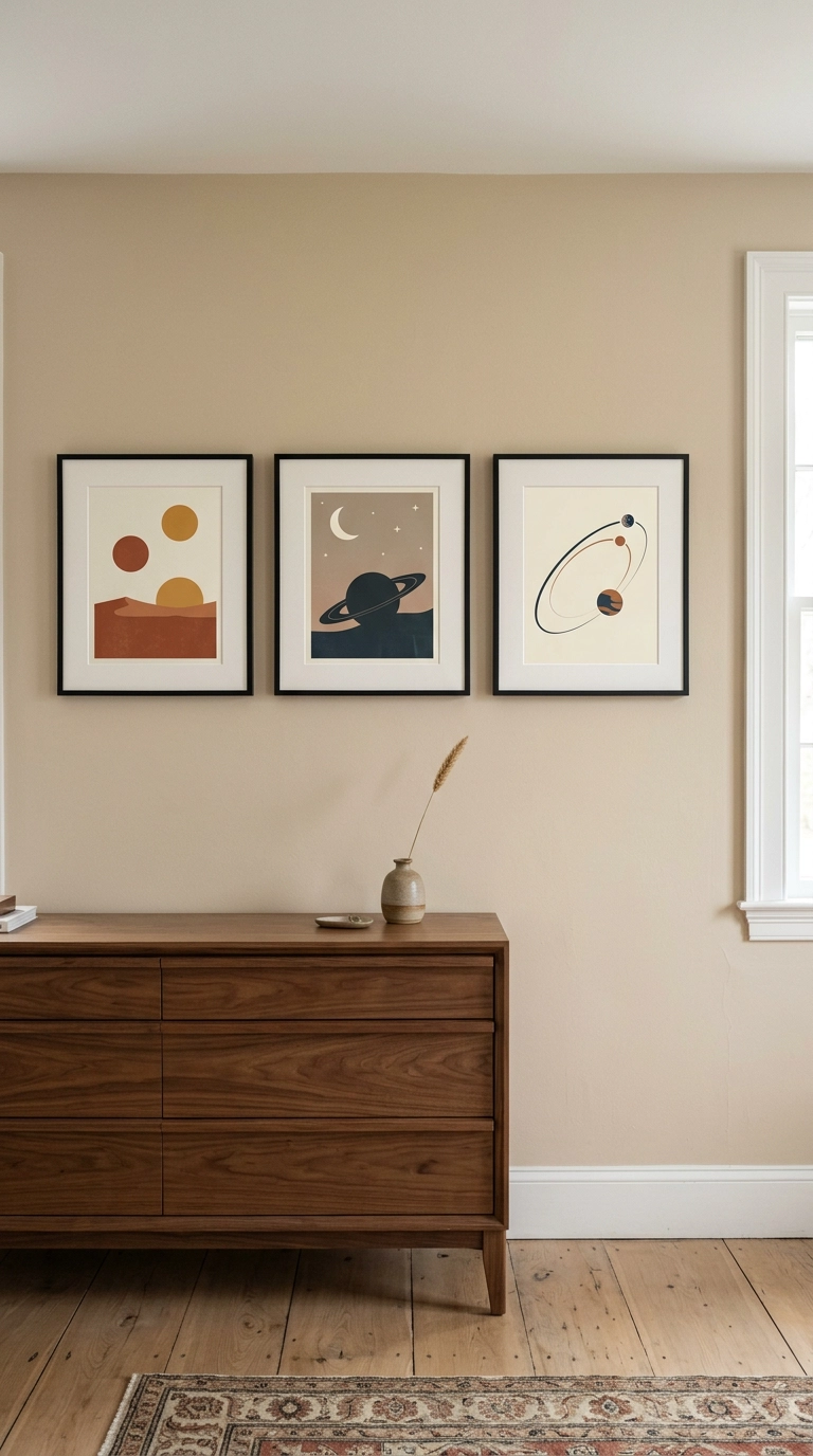 Three framed abstract planet travel posters in rust and ochre above a walnut dresser