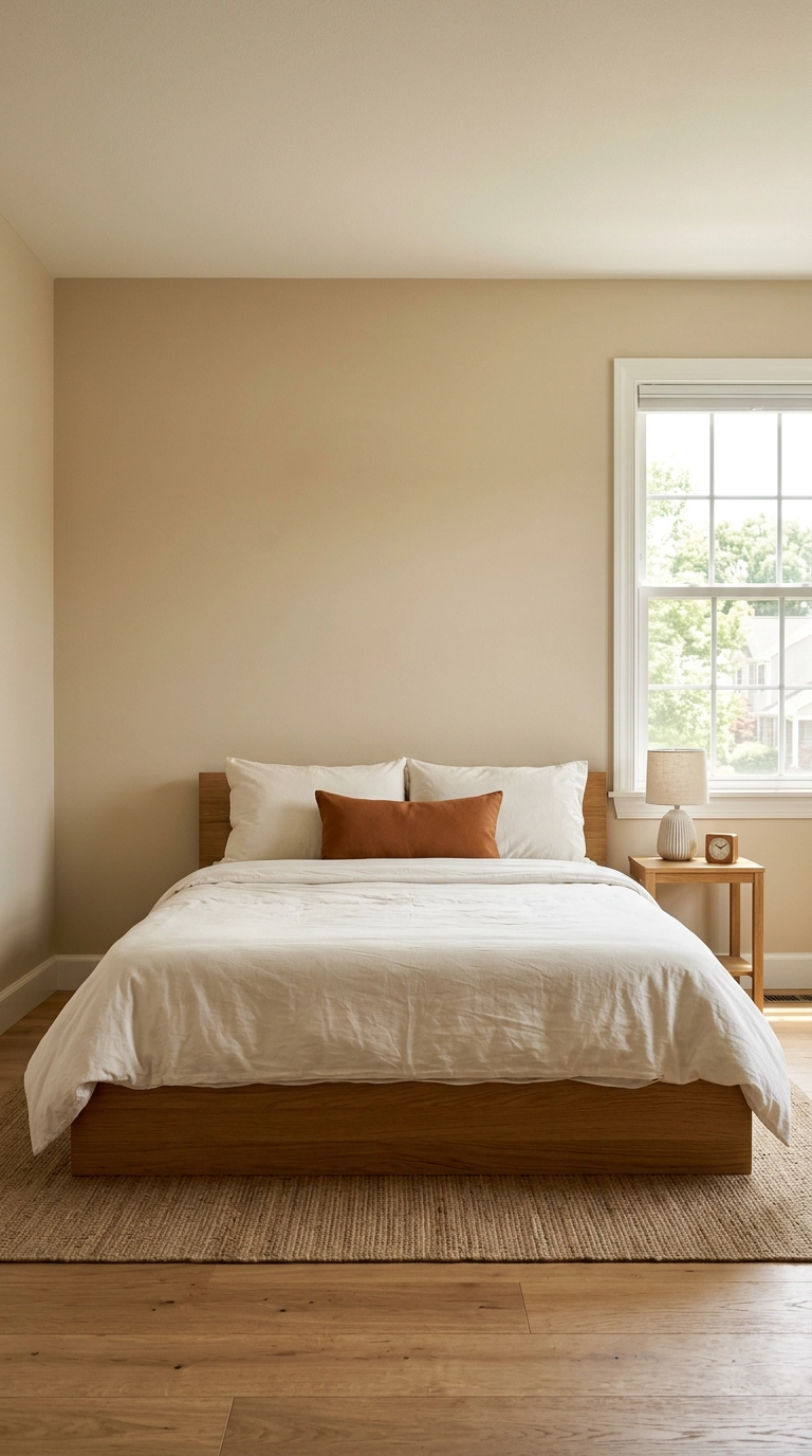 Boy's bedroom with warm sand beige walls, a low platform bed, and bone-white bedding in morning light
