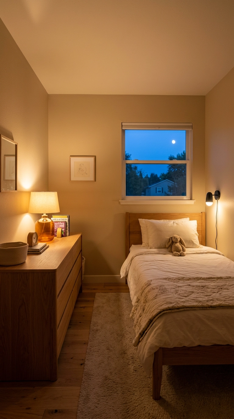 Kids bedroom at dusk lit by an amber table lamp and a small black sconce