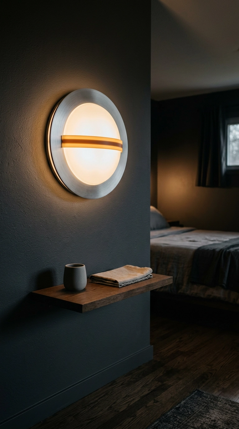 Round brushed aluminum wall light with a frosted center and amber band on a charcoal wall