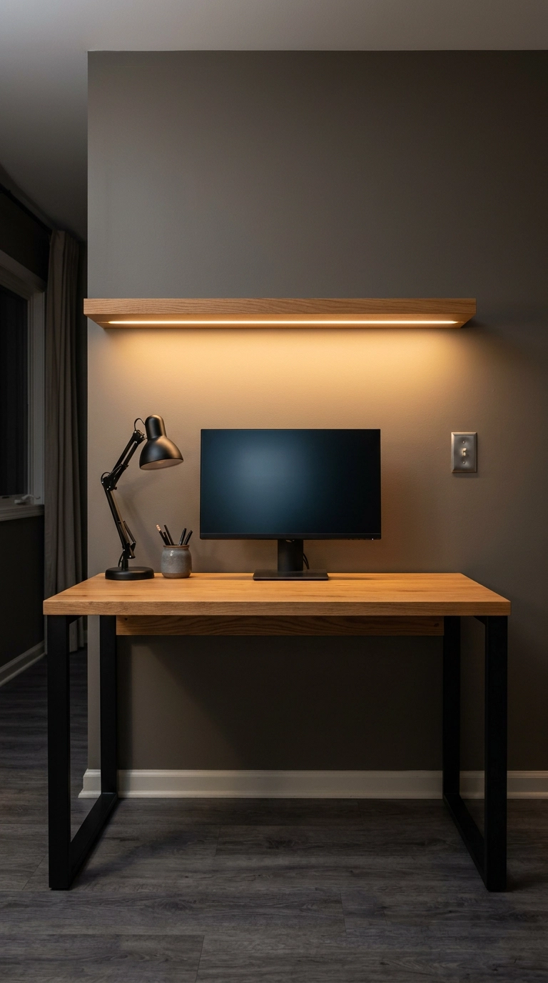 Oak and black steel desk lit by a warm under-shelf LED strip with the monitor off