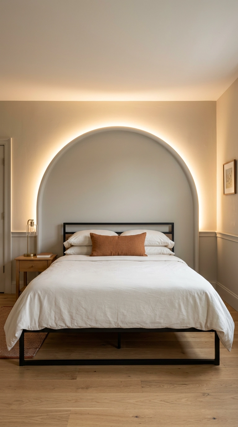 Curved painted MDF bulkhead arch behind a low bed with hidden LED cove lighting