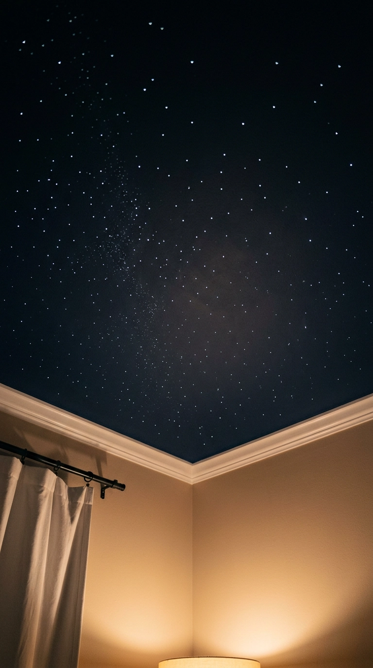 Deep navy ceiling with hundreds of tiny fiber-optic star pinpoints and one warm lamp glow below