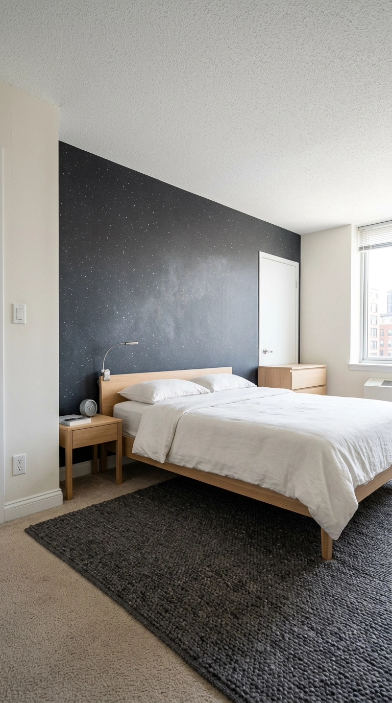 Rented bedroom with one charcoal starfield peel-and-stick accent wall and a pale oak bed