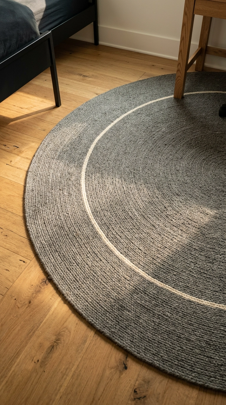 Large round gunmetal grey wool rug with a concentric ring on oak floors in a kids bedroom