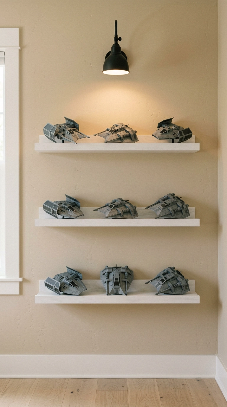 Three floating white picture ledges displaying nine small grey model spacecraft on a sand beige wall