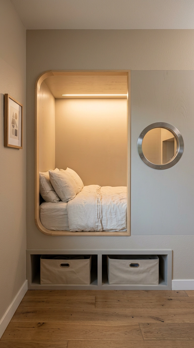 Built-in alcove sleeping berth with rounded plywood framing, a brushed steel porthole, and recessed reading light