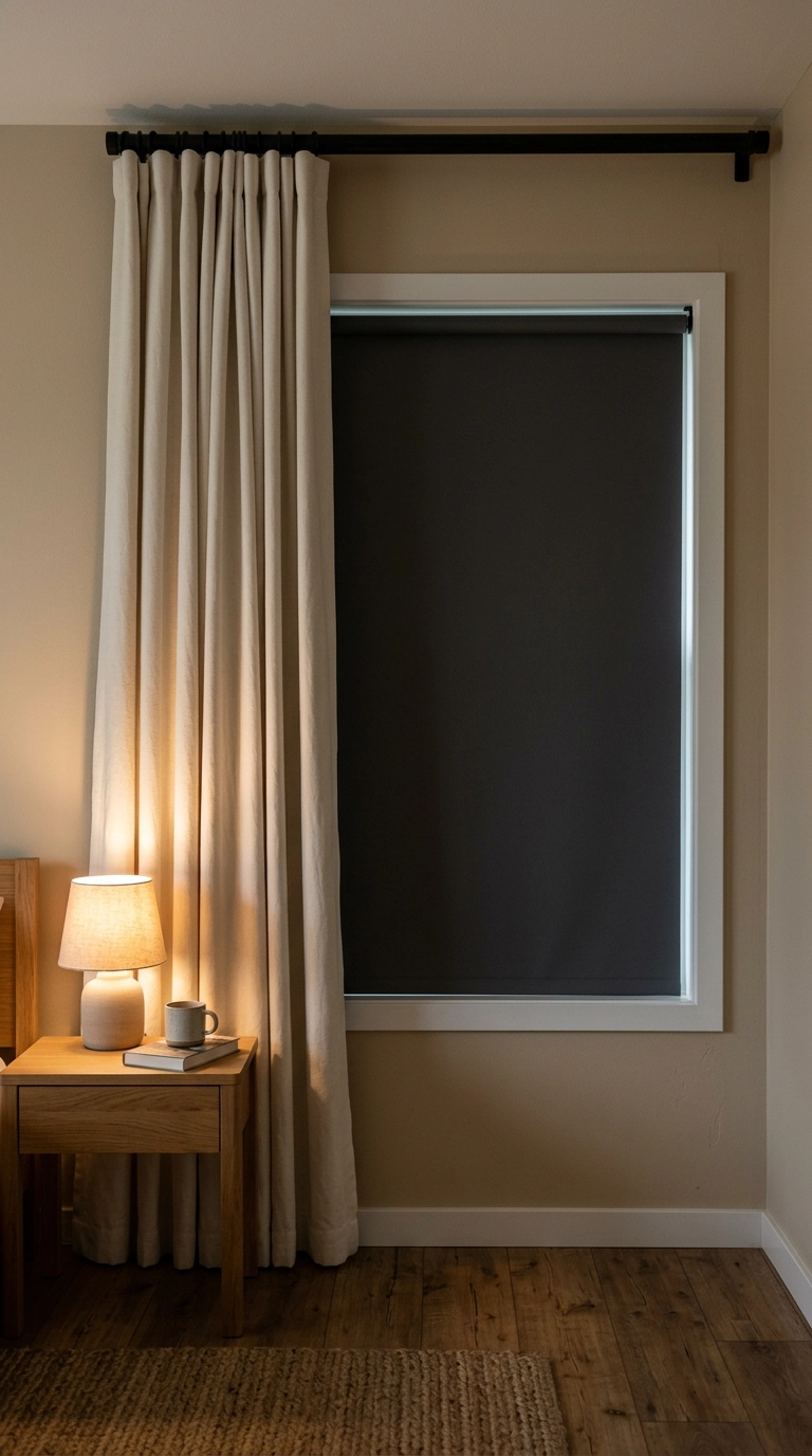 Charcoal blackout roller shade behind bone-white canvas curtains on a high-mounted black rod