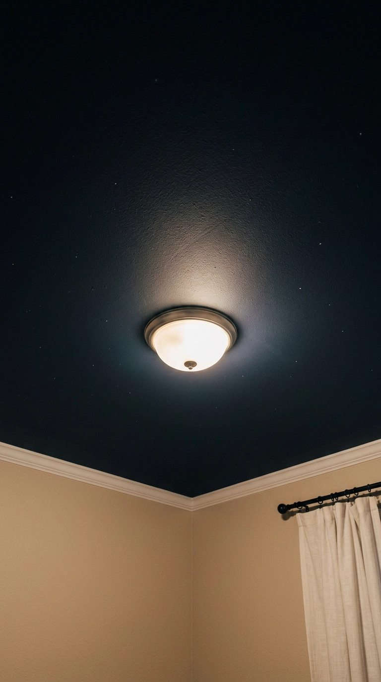 Deep midnight navy ceiling with faint stars and a frosted flush-mount fixture above sand beige walls