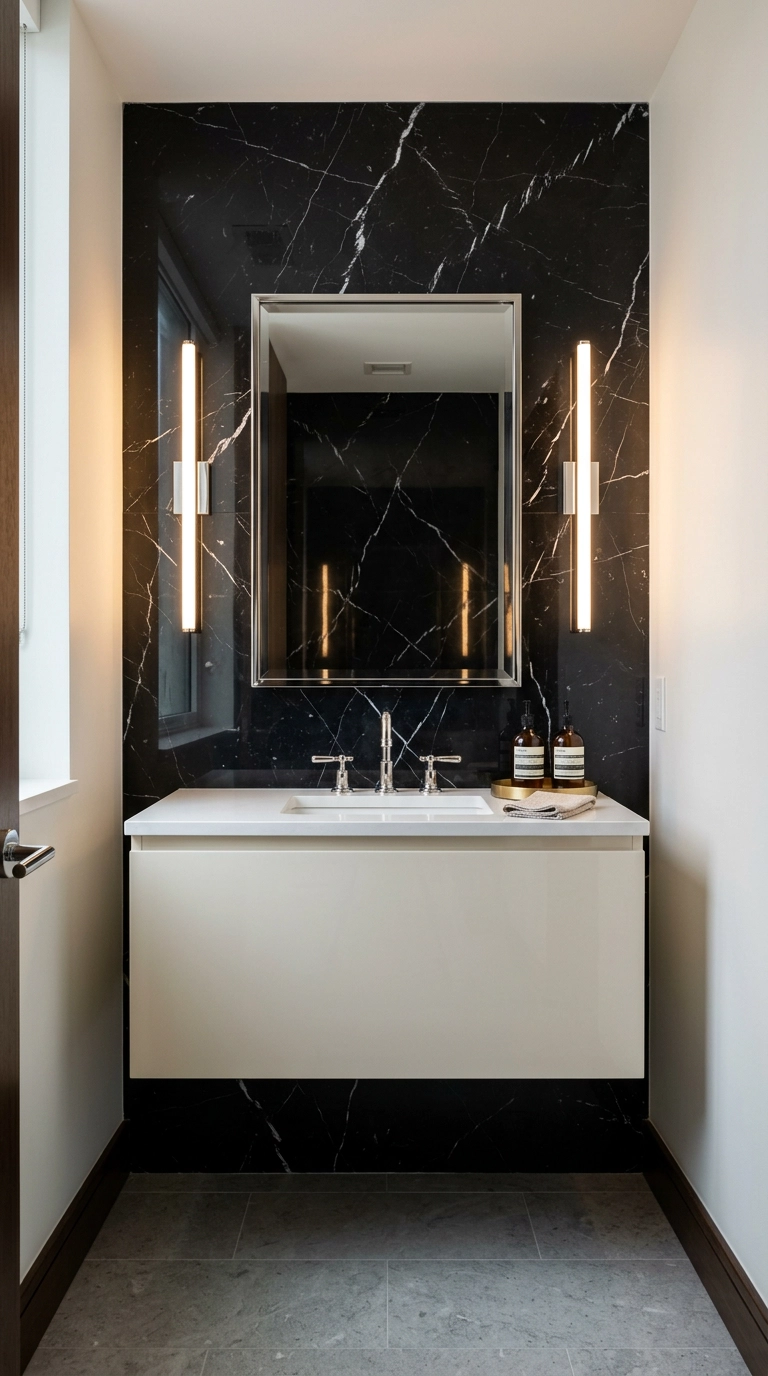 Polished black marble stone slab accent wall behind a cream vanity