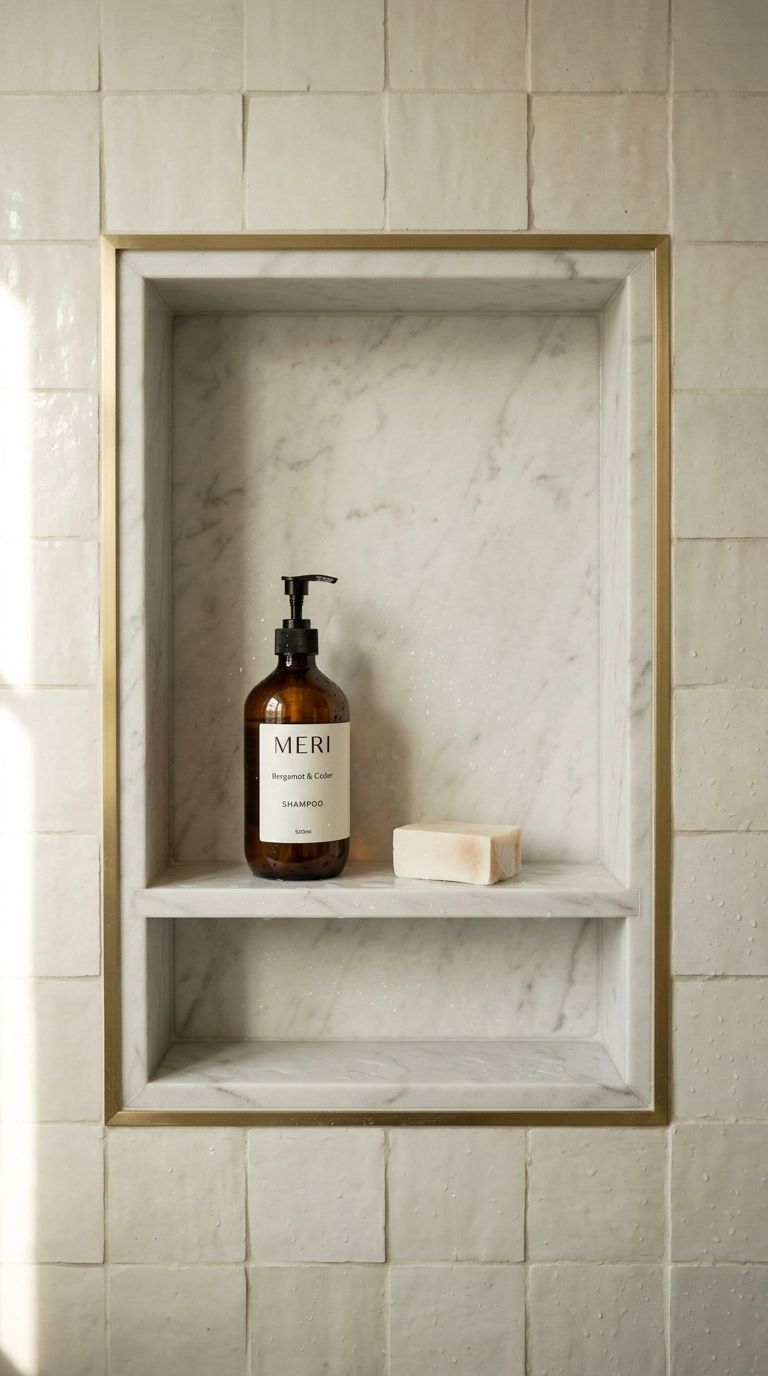 Honed marble stone shower niche with a mitred stone shelf and brass trim