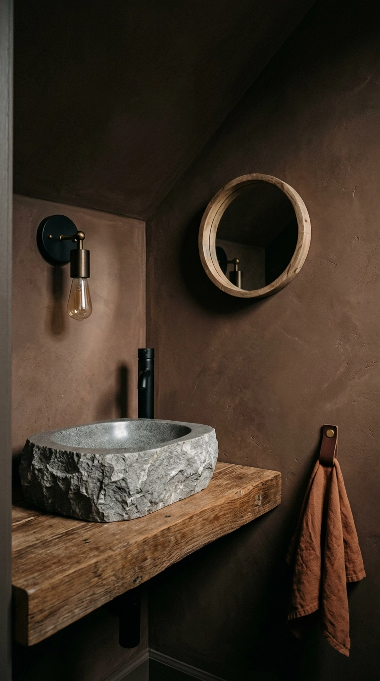 Hand-carved basalt stone vessel sink on a reclaimed elm floating shelf