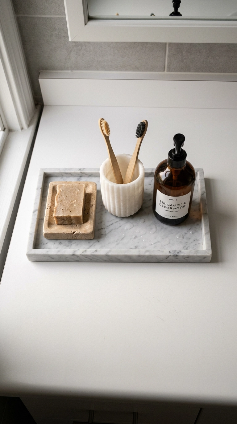 Overhead flat lay of a marble stone tray with travertine soap dish on a rental vanity