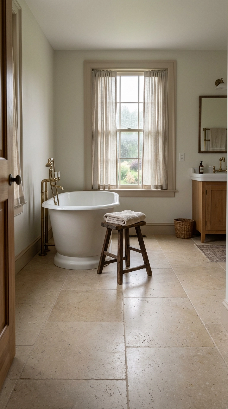 Honed limestone floor tile in warm sand around a freestanding slipper tub