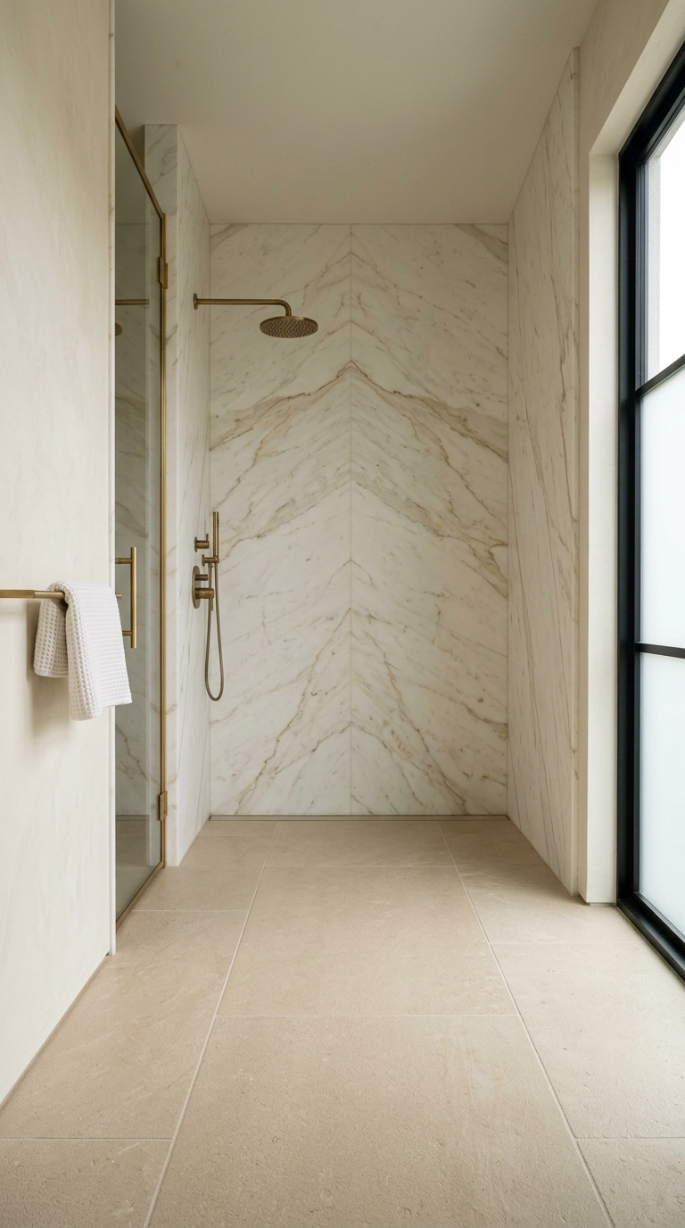 Honed marble slab shower walls with brass rain showerhead in a bright bathroom
