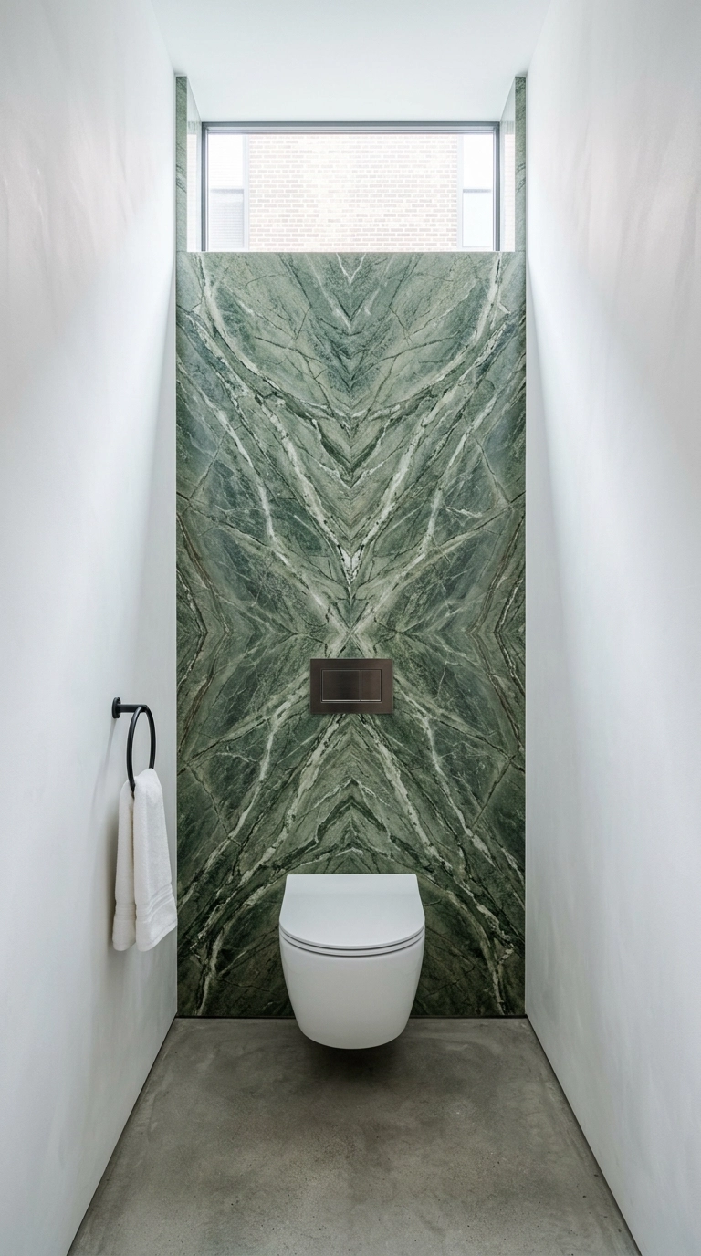 Bookmatched green marble stone slab wall behind a wall-hung toilet
