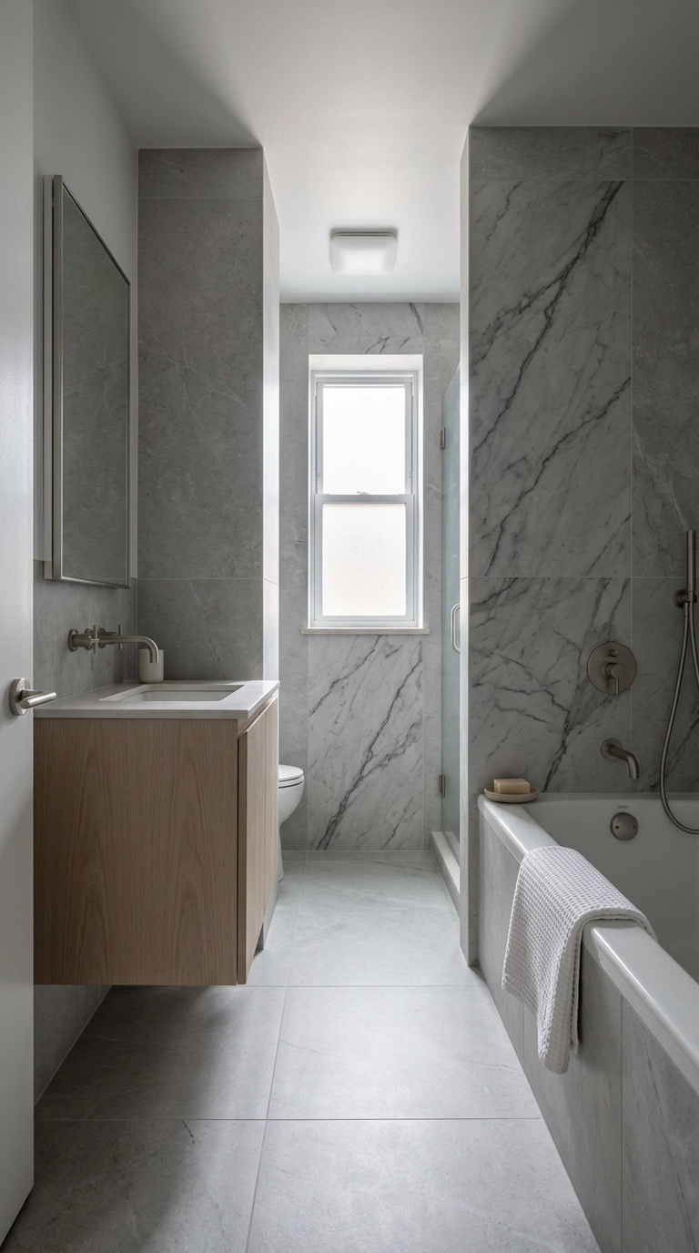 Large-format stone-look porcelain tile mimicking marble in a narrow apartment bathroom