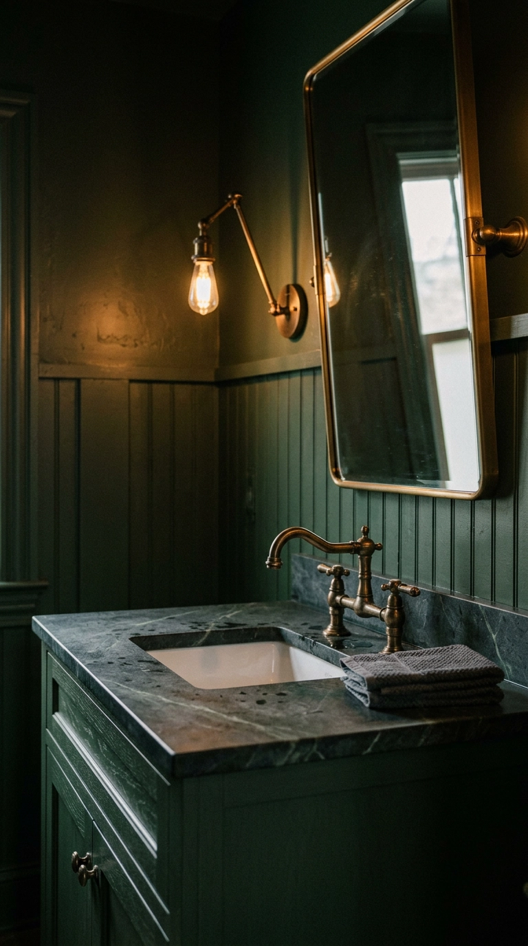 Charcoal soapstone countertop with bronze bridge faucet in a dark green powder room