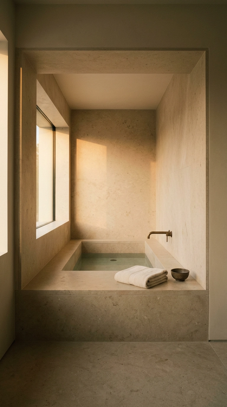 Sunken stone tub alcove clad entirely in honed sandy limestone with a slot window